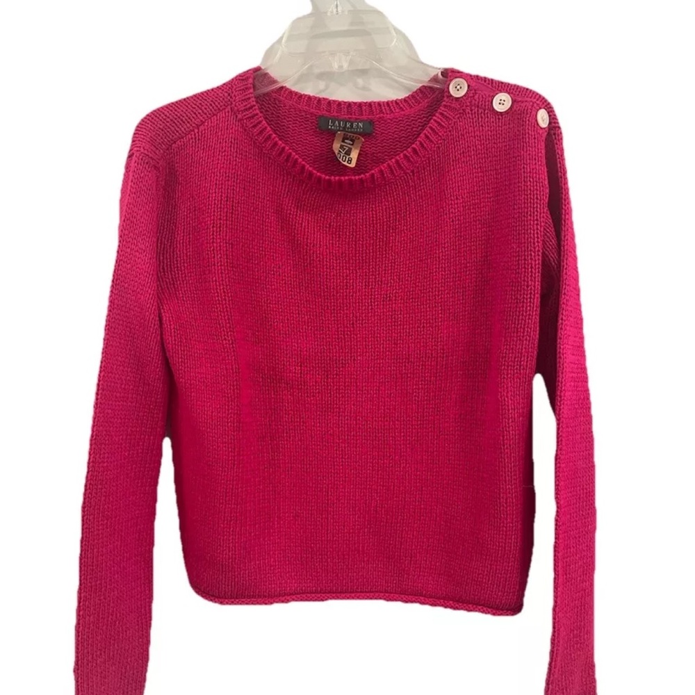 Womens Lauren Ralph Lauren Hot Pink Sweater Petite M Rolled Hem Shoulder Buttons